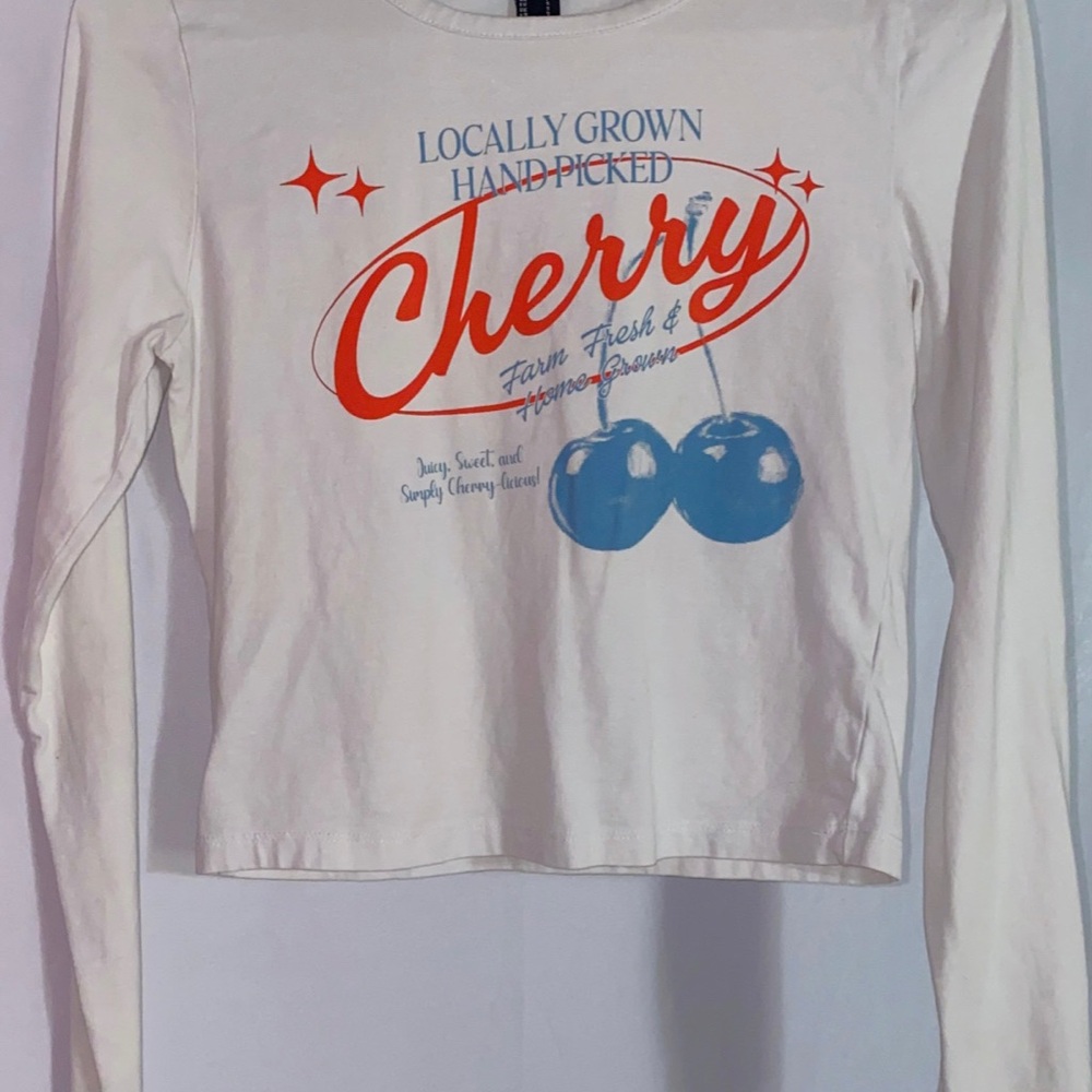 Forever 21 White Long Sleeve Tee with Red & Blue Cherry Graphic